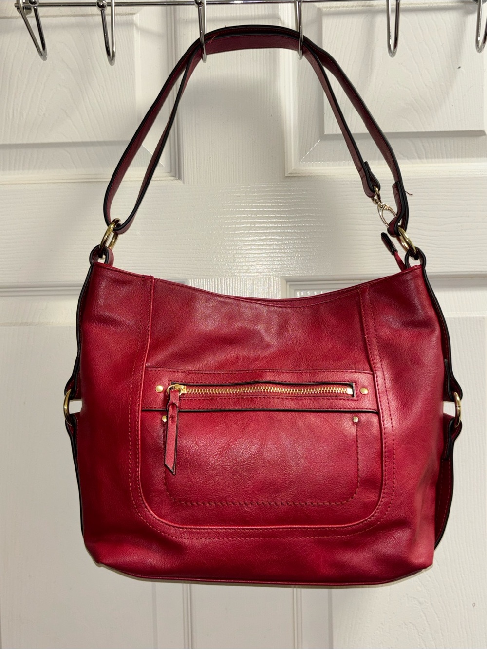 INC International Concepts Deep Red Leather Shoulder Bag with Gold Hardware